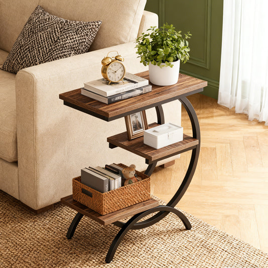 Emoottoo C-Shaped End Table, Industrial 3-Tier Small Side Table for Couch, Wood Bedside Table Snack Side Table with Storage Shelves for Living Room Small Space,