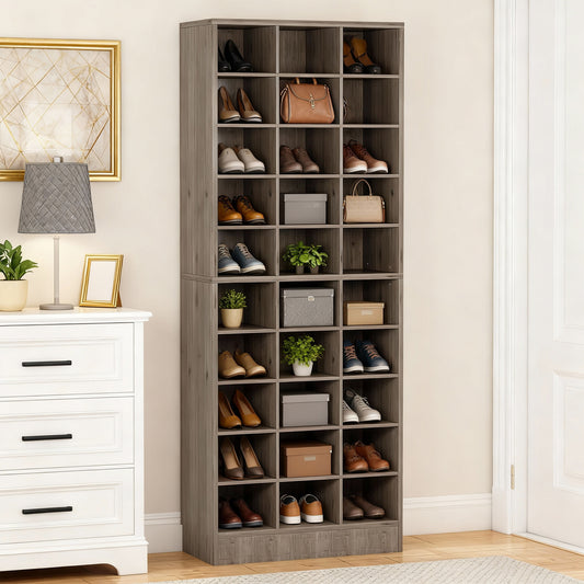 Emootto 10-Tier Modular Shoe Rack with 30 Cubbies, 30-Pair Grey Wooden Shoe Cabinet, Freestanding Tall Entryway Storage Organizer for Closet & Living Room
