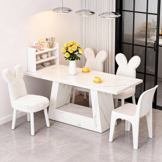 Emootto 63" Faux Marble Dining Table for 4-6, Modern Rectangular Kitchen Table with Architectural Hollow Pedestal, All-White Stone Pattern Dinner Table & Conference Desk