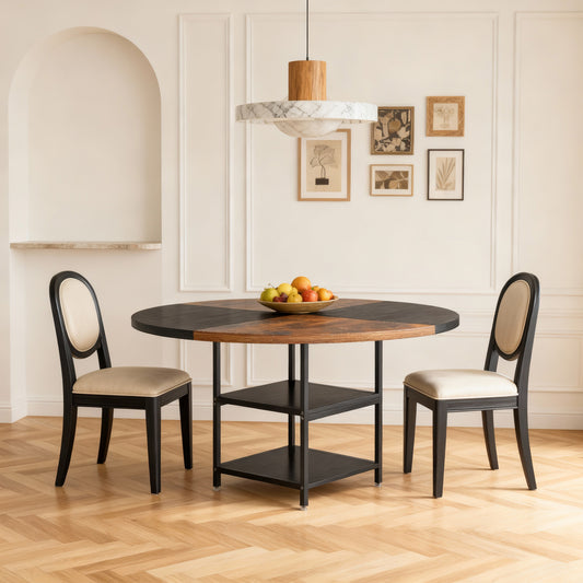 Emootto 47" Round Dining Table with 2-Tier Storage Shelves, Industrial Spliced Tabletop Kitchen Table for 4, Rustic Brown & Black Circular Dinner Table