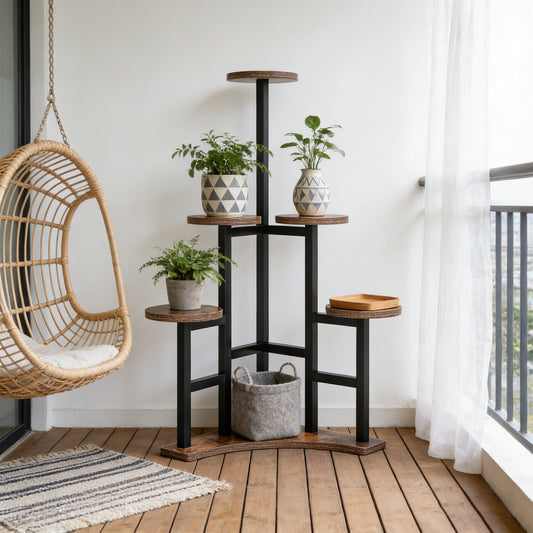 Emootto 44" Tall Corner Plant Stand Indoor, 6-Tier Tiered Plant Shelf Flower Pot Holder, Multiple Potted Wood & Metal Display Rack for Living Room, Balcony & Patio, Rustic Brown