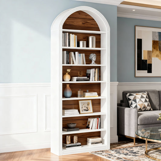 Emootto 80" Tall Arched Bookshelf, Modern 8-Tier White Bookcase with Brown Wood Grain Backboard, Floor Standing Open Display Shelf for Living Room & Bedroom, White & Natural