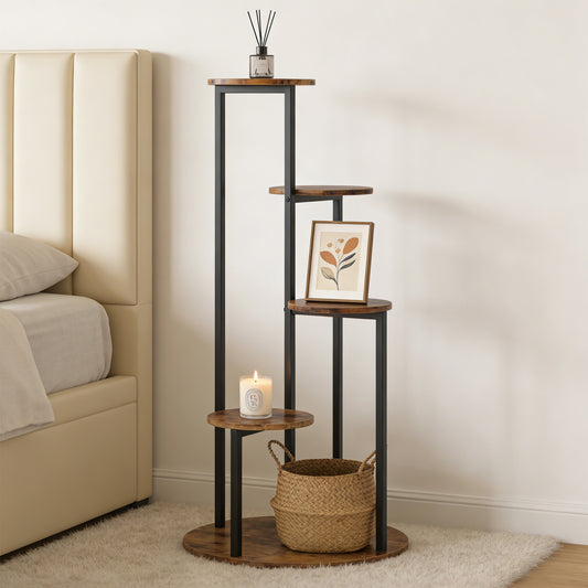Emootto 41" Tall Round Plant Stand Indoor, 4-Tier Tiered Plant Shelf with Circular Base, Modern Wood & Metal Flower Pot Holder for Living Room, Balcony & Corner, Rustic Brown