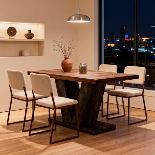 Emootto 47" Rectangular Dining Table for 4, Modern Industrial Kitchen Table with V-Shaped Pedestal Base, 1.57" Thickened Rustic Brown Dinner Table for Small Spaces