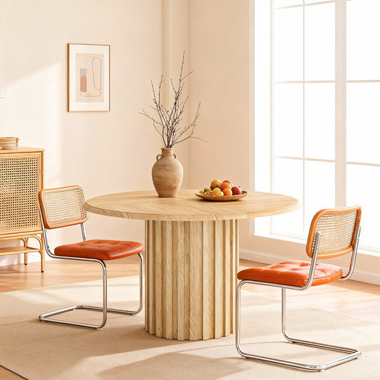 Emootto 47" Round Dining Table for 4, Natural Oak Finish Kitchen Table with Fluted Pedestal Base, Sunburst Grain Circular Dinner Table for Modern Dining Room