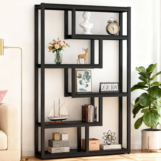 Emootto 69" Tall Industrial Staggered Bookshelf, 6-Tier Etagere Bookcase with Asymmetrical Open Shelves, Large Display Rack & Room Divider for Home Office, Dark Walnut