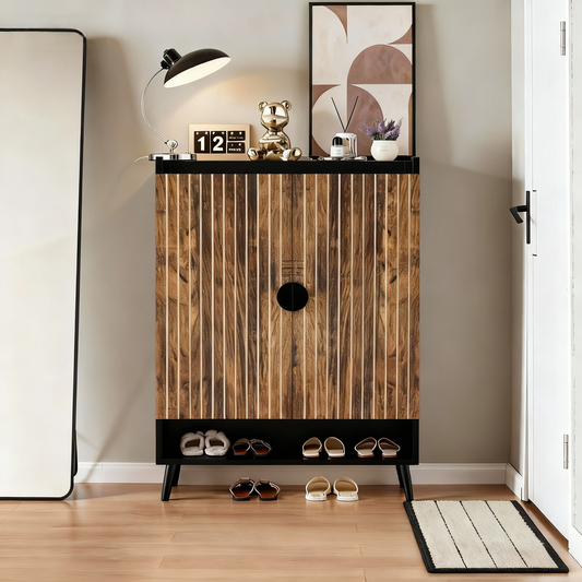 Emootto 7-Tier Shoe Cabinet with Vertical Slatted Doors, 24-Pair Entryway Storage Organizer with Open Bottom Shelf & Tapered Legs, Rustic Brown & Black