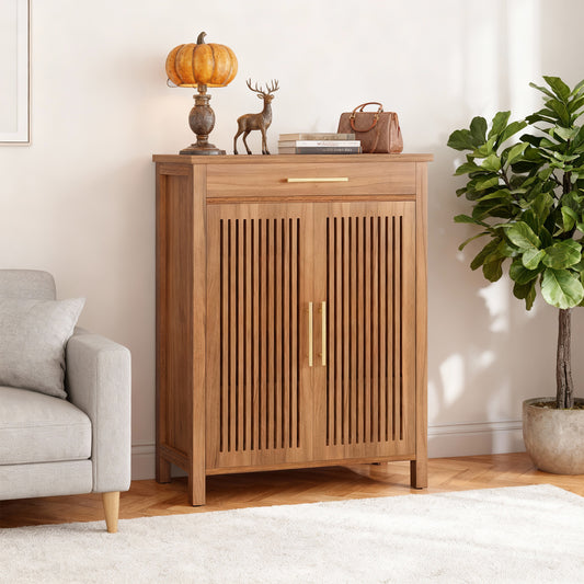 Emootto 43" Walnut Shoe Storage Cabinet with Louvered Doors and Drawer, 5-Tier Entryway Shoe Organizer with Adjustable Shelves & Gold Hardware