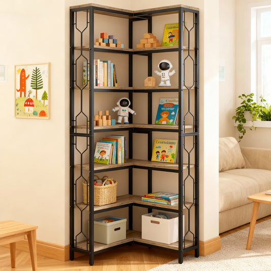 Emoottoo 78.7" Tall 7-Tier Industrial Corner Bookshelf, Modern Gray Wood & Metal Etagere Display Shelf with Protective Railings, Space-Saving Hexagonal Corner Stand for Home Office & Living Room