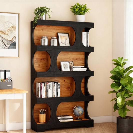 Emoottoo 71" Tall Modern Arched Cut-Out Bookshelf, 4-Tier Large Black & Brown Contrast Display Shelf, Artistic Geometric Storage Shelving Unit for Creative Studio & Living Room