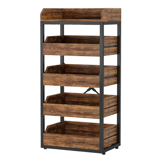 46" Tall Wood Fruit and Vegetable Storage Rack, 5-Tier Pull-Out Snack Stand with 5 Storage Bins, Industrial Utility