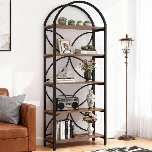 Emoottoo 75" Tall 5-Tier Arch Top Industrial Bookshelf, Geometric Flower Pattern Metal Frame Display Rack, Rustic Brown Large Wood Bookcase Storage Organizer for Home Office & Living Room