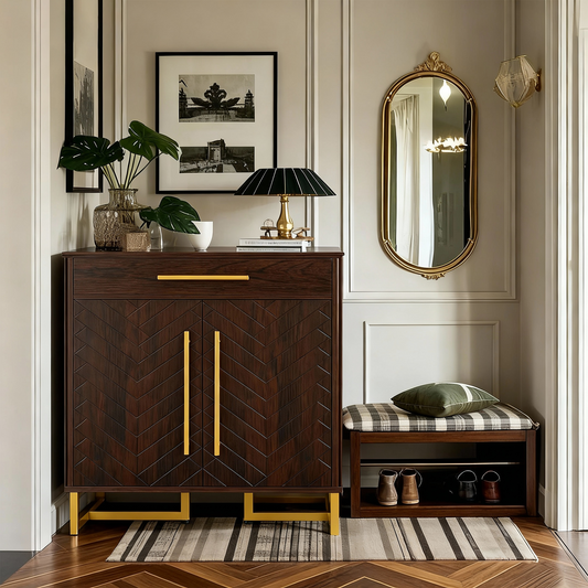 Emootto Mid-Century Modern 6-Tier Shoe Cabinet with Herringbone Carved Doors, 24-Pair Entryway Storage Organizer with Open Bottom Shelf & Gold Legs, Walnut