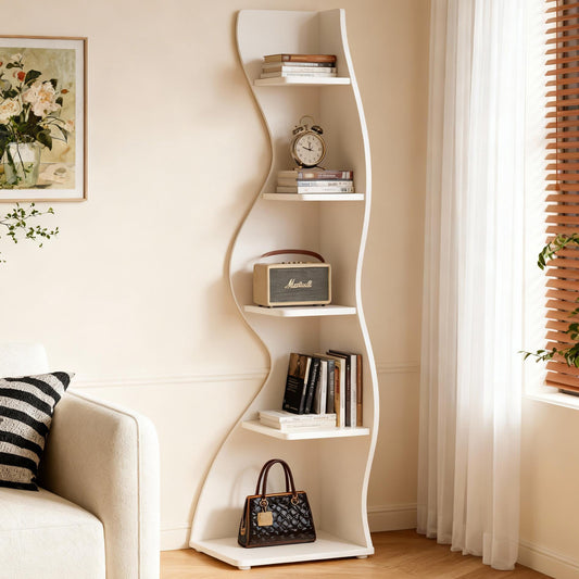 Emootto 70" Tall Wavy Corner Shelf, Modern 5-Tier Curvy Corner Bookshelf, Unique Aesthetic Display Rack & Plant Stand for Living Room, Small Spaces, White