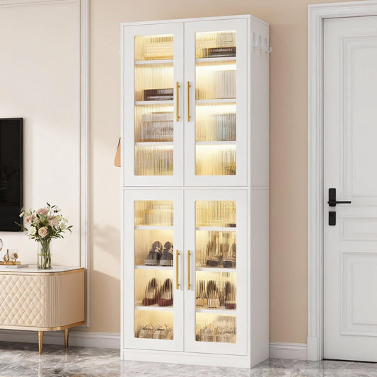 Emoottoo 67" Tall White Bookcase with Fluted Acrylic Doors & LED Lights, 8-Tier Adjustable Storage Cabinet with Side Hooks, Modern Freestanding Display Shelf for Living Room, Office & Kitchen
