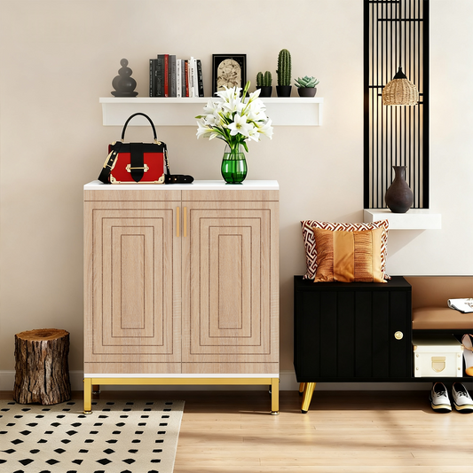 Emootto Modern 5-Tier Shoe Cabinet with Geometric Carved Doors, 20-Pair Freestanding Entryway Organizer with Gold Metal Legs for Living Room & Bedroom (White & Natural)