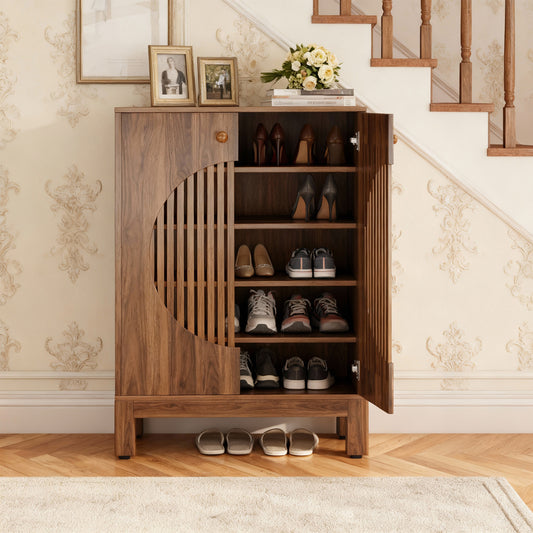 Emootto 40" Japandi Walnut Shoe Storage Cabinet with Circular Slatted Doors, 5-Tier Entryway Organizer with Adjustable Shelves & Sturdy Wood Legs