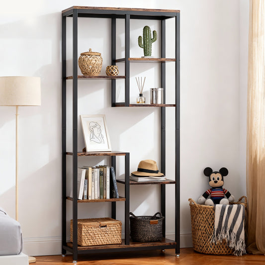 Emootto 69" Tall Industrial Bookshelf, 6-Tier Etagere Bookcase with 8 Staggered Open Shelves, Slim Geometric Display Rack for Living Room & Home Office, Rustic Brown
