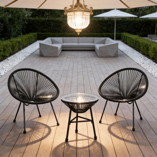 Emootto 3-Piece All-Weather Outdoor Acapulco Patio Bistro Set, Modern PE Rattan String Chat Set with Tempered Glass Side Table for Garden, Poolside & Balcony, Black