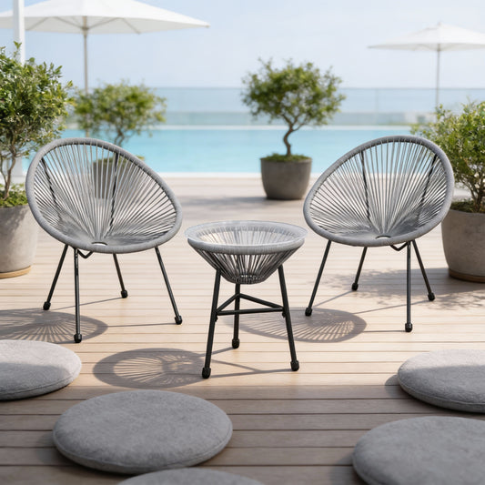 Emootto 3-Piece Outdoor Acapulco Patio Bistro Set, All-Weather PE Rattan String Chairs with Tempered Glass Side Table, Modern Chat Set for Garden, Porch & Poolside, Grey
