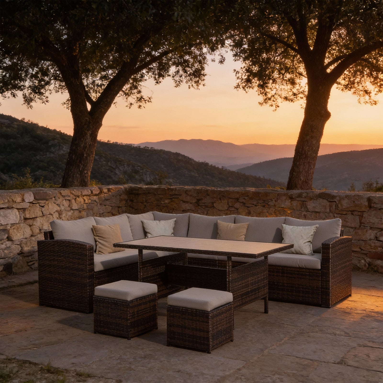 7-Piece Outdoor Rattan Sectional Dining Set, 9-Seat All-Weather Wicker Sofa