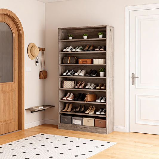 Emootto 9-Tier Tall Shoe Rack, 40-45 Pairs Large Wooden Shoe Storage Cabinet with 7 Removable Shelves, 70.86" Vertical Shoe Organizer for Entryway & Closet, Beige Gray