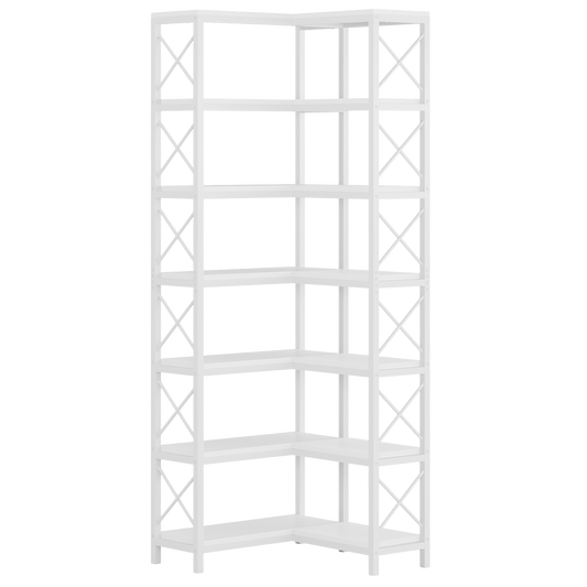 79" Tall 7-Tier Modern White Corner Bookshelf, Large 14-Shelf L-Shaped Corner Bookcase with X-Bar Reinforcement, Industrial