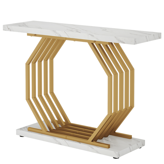 Gold Console Table, Faux Marble Entryway Table Narrow Sofa with Geometric Metal Base, 40 Inch Modern Accent Entrance