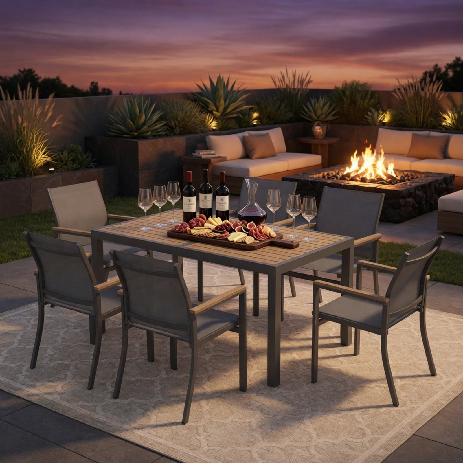 7-Piece Grey Aluminum Patio Dining Set, 6-Seat All-Weather Heavy Duty HDPS Rectangle Table and Textilene Patio Chairs