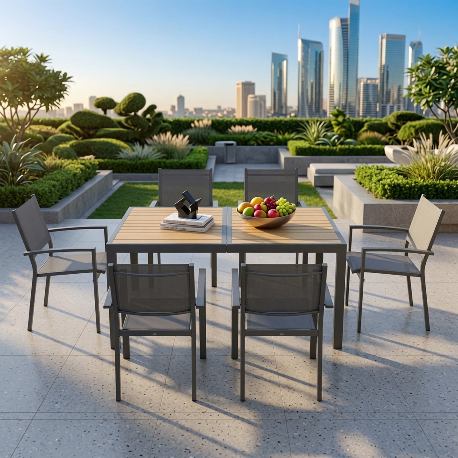 Set of 6, Heavy duty Metal Grey Outdoor Patio Chair, All Weather Textilene