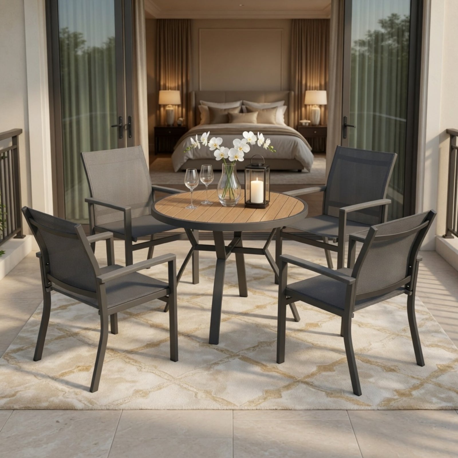 5-Piece Grey Patio Dining Set, 4-Seat All-Weather Heavy Duty HDPS Aluminum Round Table and Textilene Metal Patio Chairs