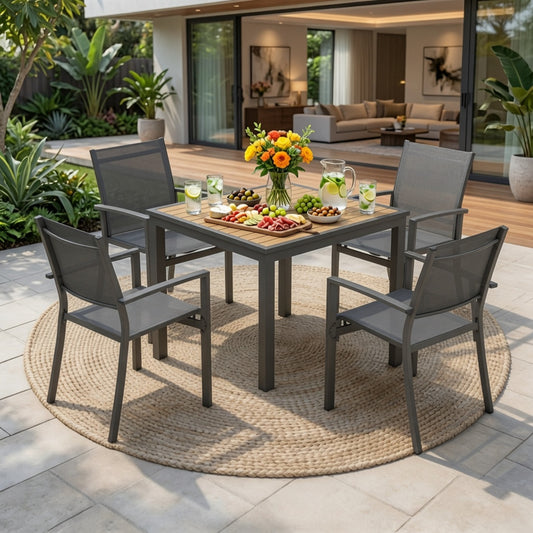 5-Piece Grey Patio Dining Set, 4-Seat All-Weather Heavy Duty HDPS Aluminum Square Table and Textilene Metal Patio Chairs