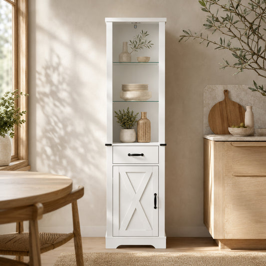 EMOOTTOO 75" Tall White Farmhouse Pantry Cabinet with LED Lights & Barn Door