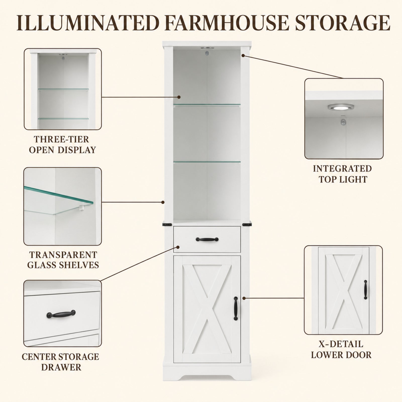 EMOOTTOO 75" Tall White Farmhouse Pantry Cabinet with LED Lights & Barn Door