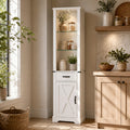 EMOOTTOO 75" Tall White Farmhouse Pantry Cabinet with LED Lights & Barn Door