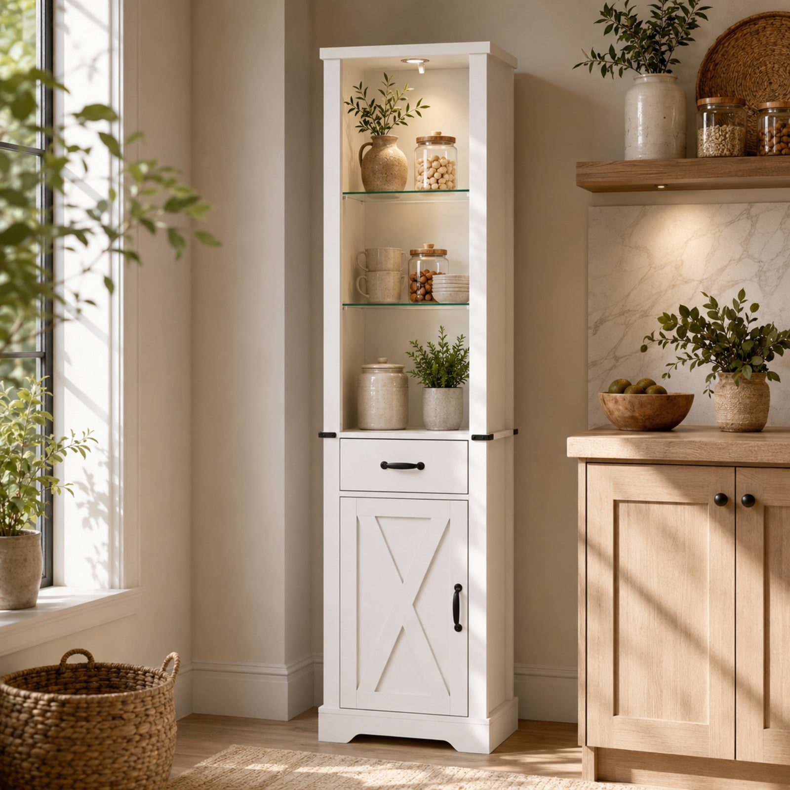 EMOOTTOO 75" Tall White Farmhouse Pantry Cabinet with LED Lights & Barn Door