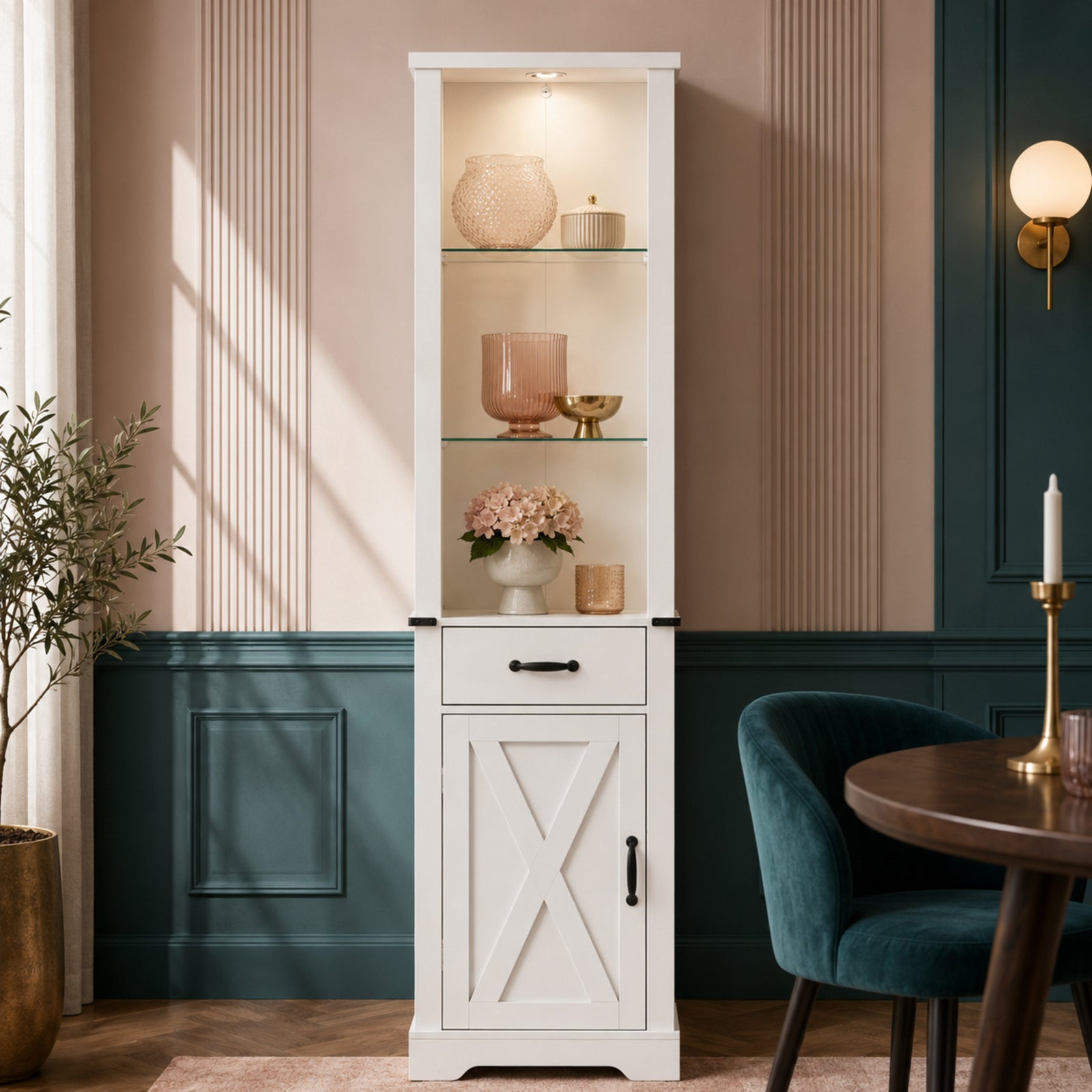 EMOOTTOO 75" Tall White Farmhouse Pantry Cabinet with LED Lights & Barn Door