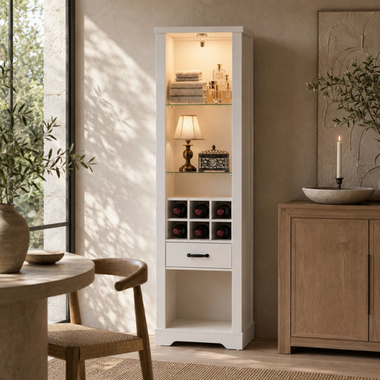 EMOOTTOO 75" Tall White Farmhouse Pantry Cabinet with LED Lights & Wine Rack