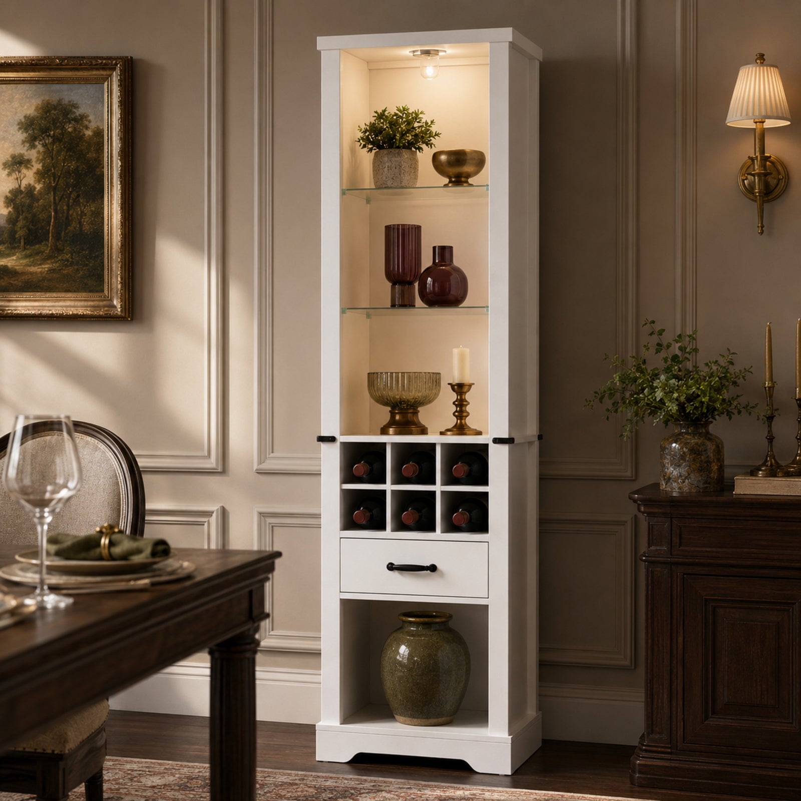 EMOOTTOO 75" Tall White Farmhouse Pantry Cabinet with LED Lights & Wine Rack