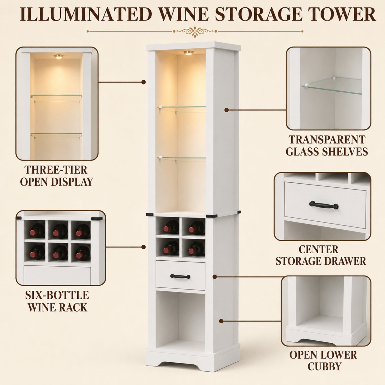 EMOOTTOO 75" Tall White Farmhouse Pantry Cabinet with LED Lights & Wine Rack