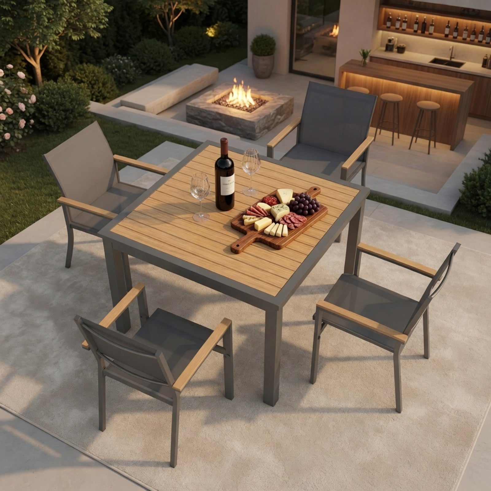 5-Piece Grey Aluminum Patio Dining Set, 4-Seat All-Weather Heavy Duty HDPS Square Table and Textilene Patio Chairs