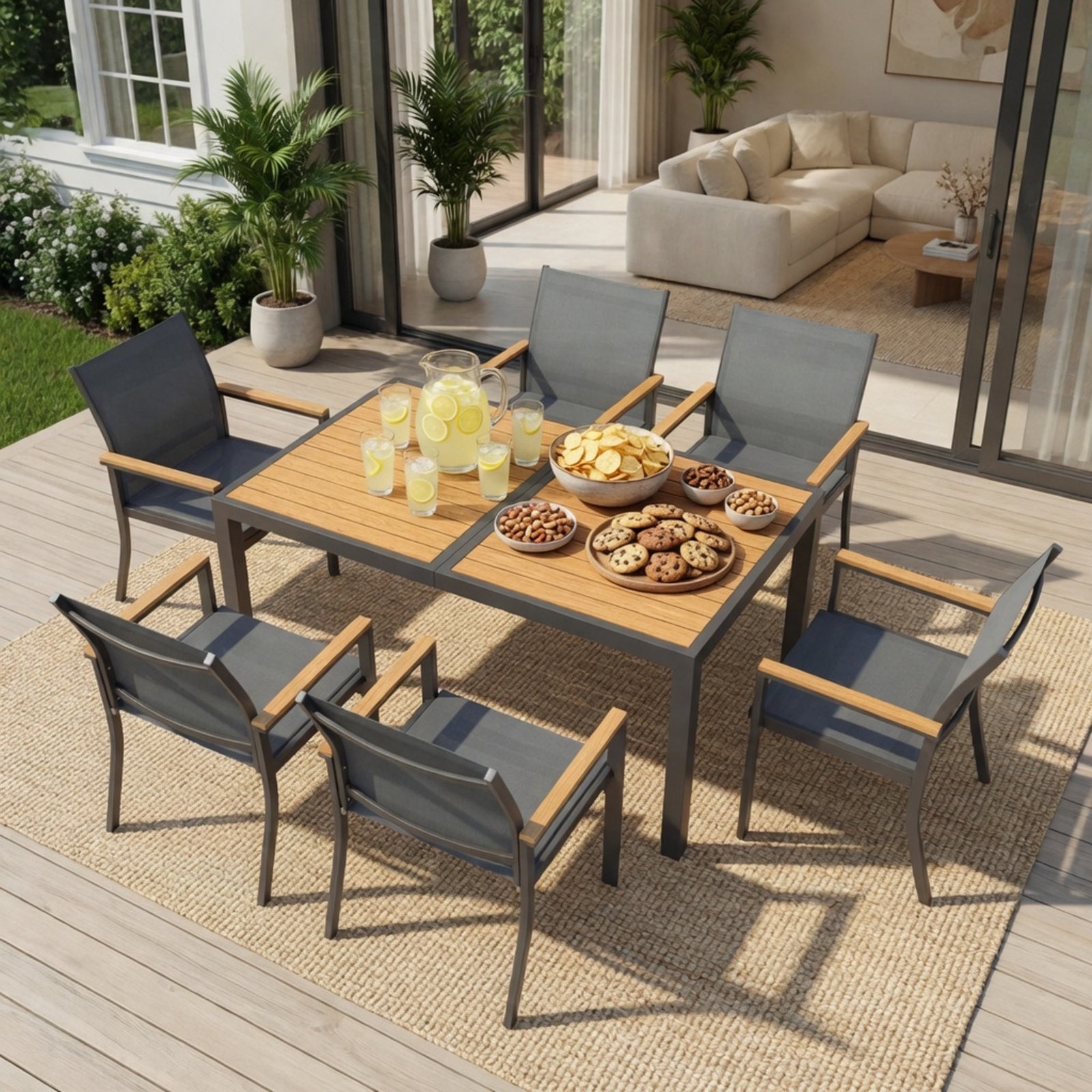 7-Piece Grey Aluminum Patio Dining Set, 6-Seat All-Weather Heavy Duty HDPS Rectangle Table and Textilene Patio Chairs