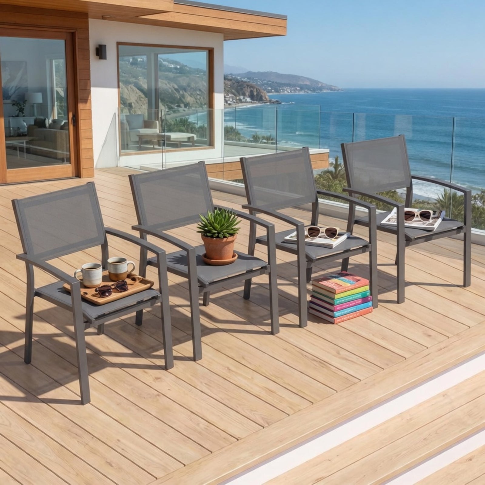Set of 4, Heavy duty Metal Grey Outdoor Patio Chair, All Weather Textilene