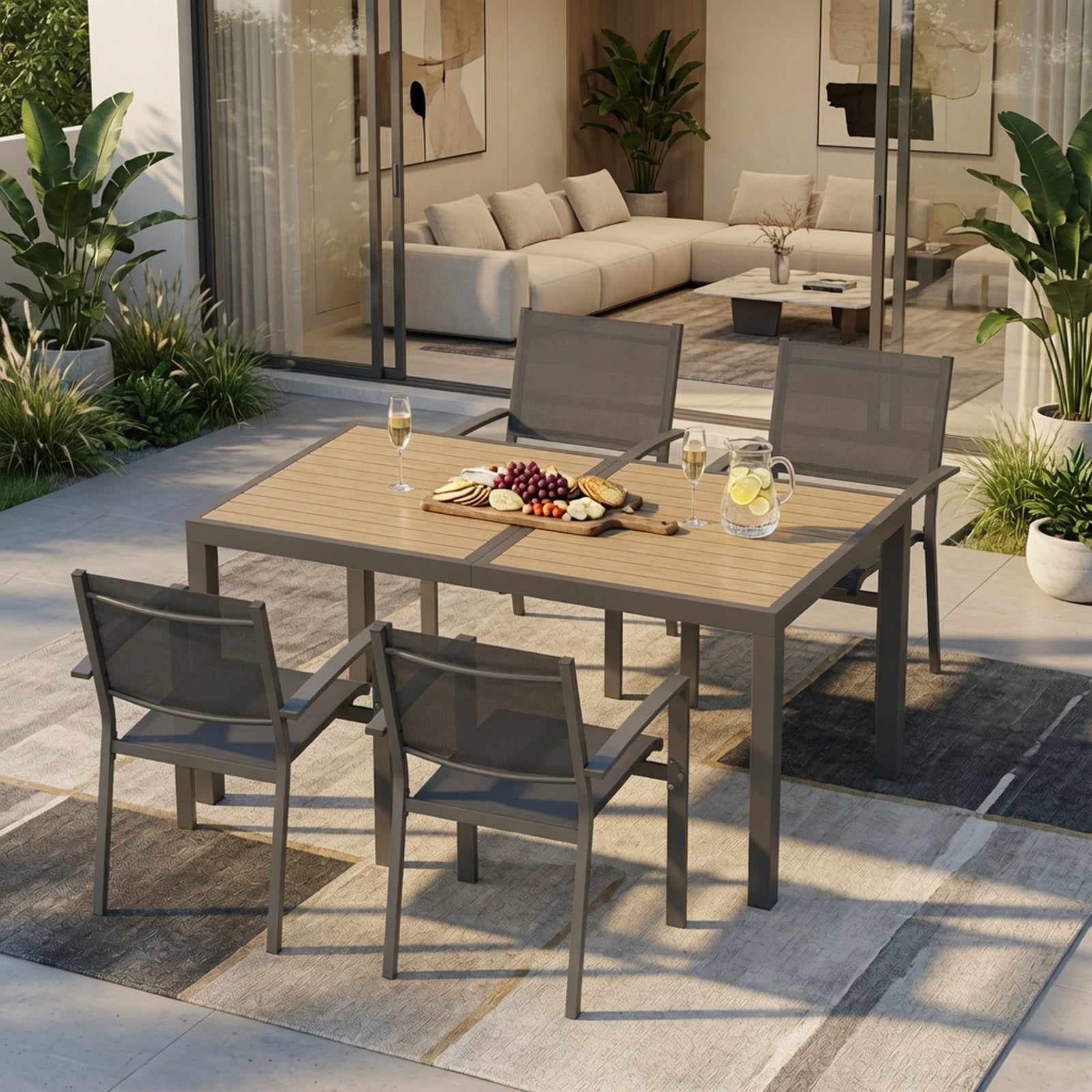5-Piece Grey Patio Dining Set, 4-Seat All-Weather Heavy Duty HDPS Aluminum Rectangle Table and Textilene Metal Patio Chairs