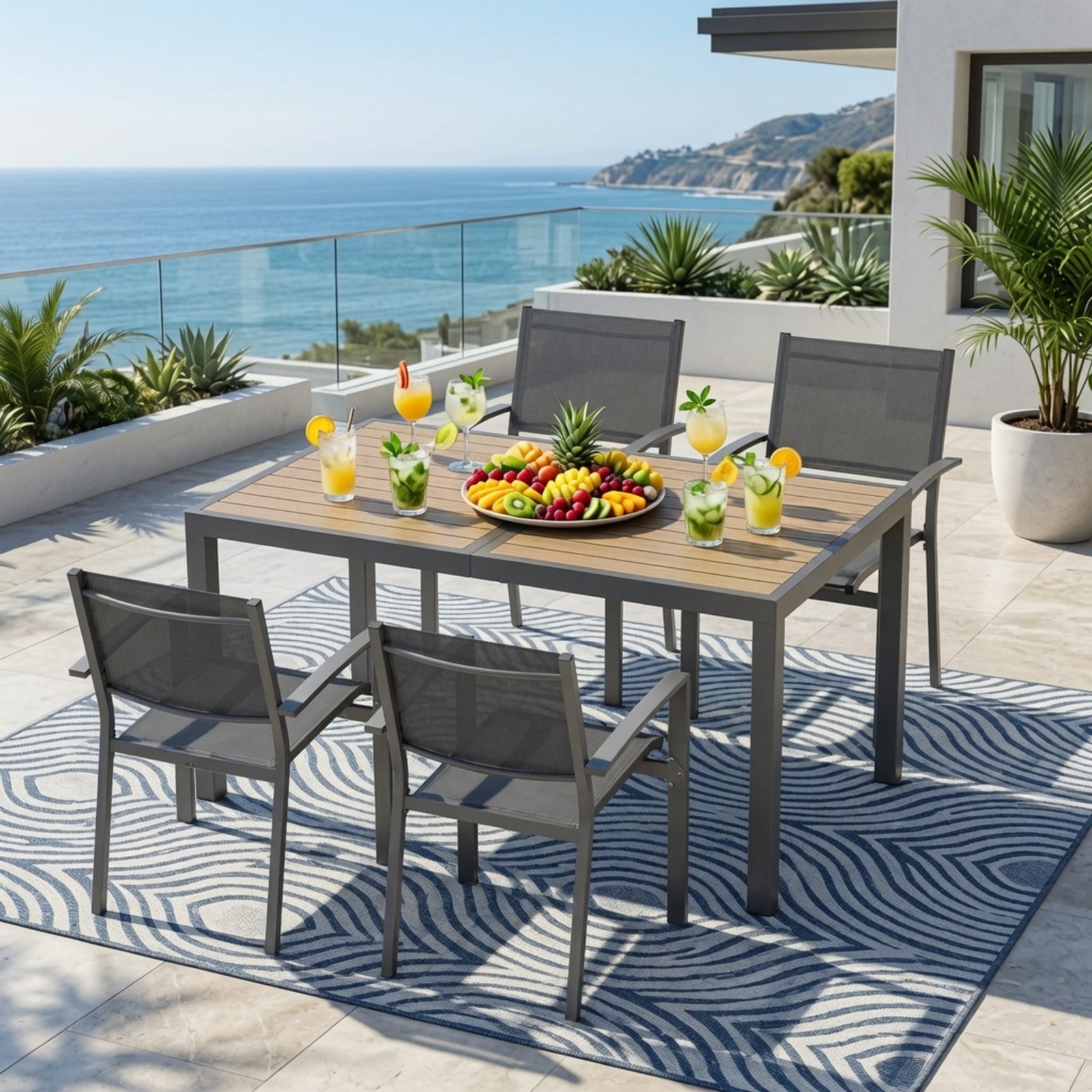 5-Piece Grey Patio Dining Set, 4-Seat All-Weather Heavy Duty HDPS Aluminum Rectangle Table and Textilene Metal Patio Chairs
