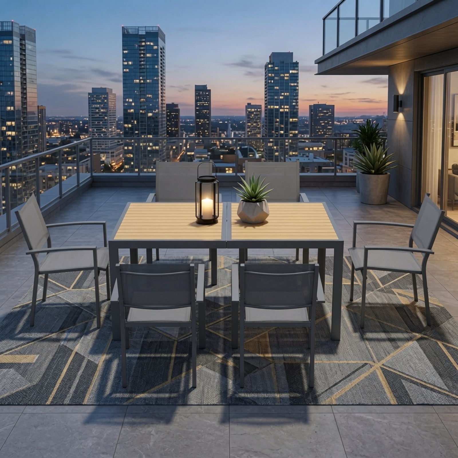 7-Piece Grey Patio Dining Set, 6-Seat All-Weather Heavy Duty HDPS Aluminum Rectangle Table and Textilene Metal Patio Chairs