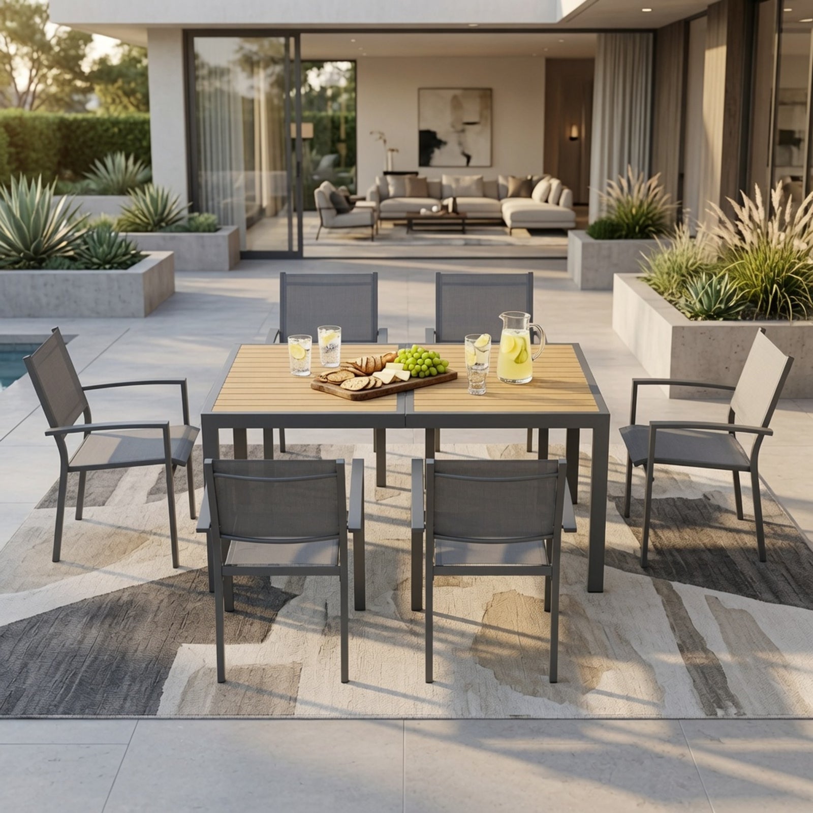 59" Grey Aluminum Rectangle Outdoor Patio Table, All Weather HDPS Slatted Dining Table - product image 9