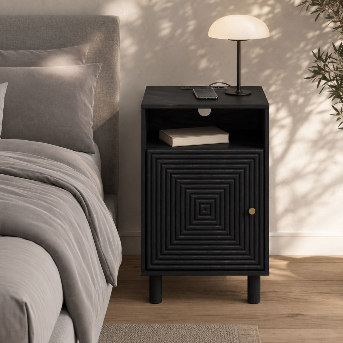 Black | EMOOTTOO 15.7" Nightstand with Charging Station & Storage - product view 4