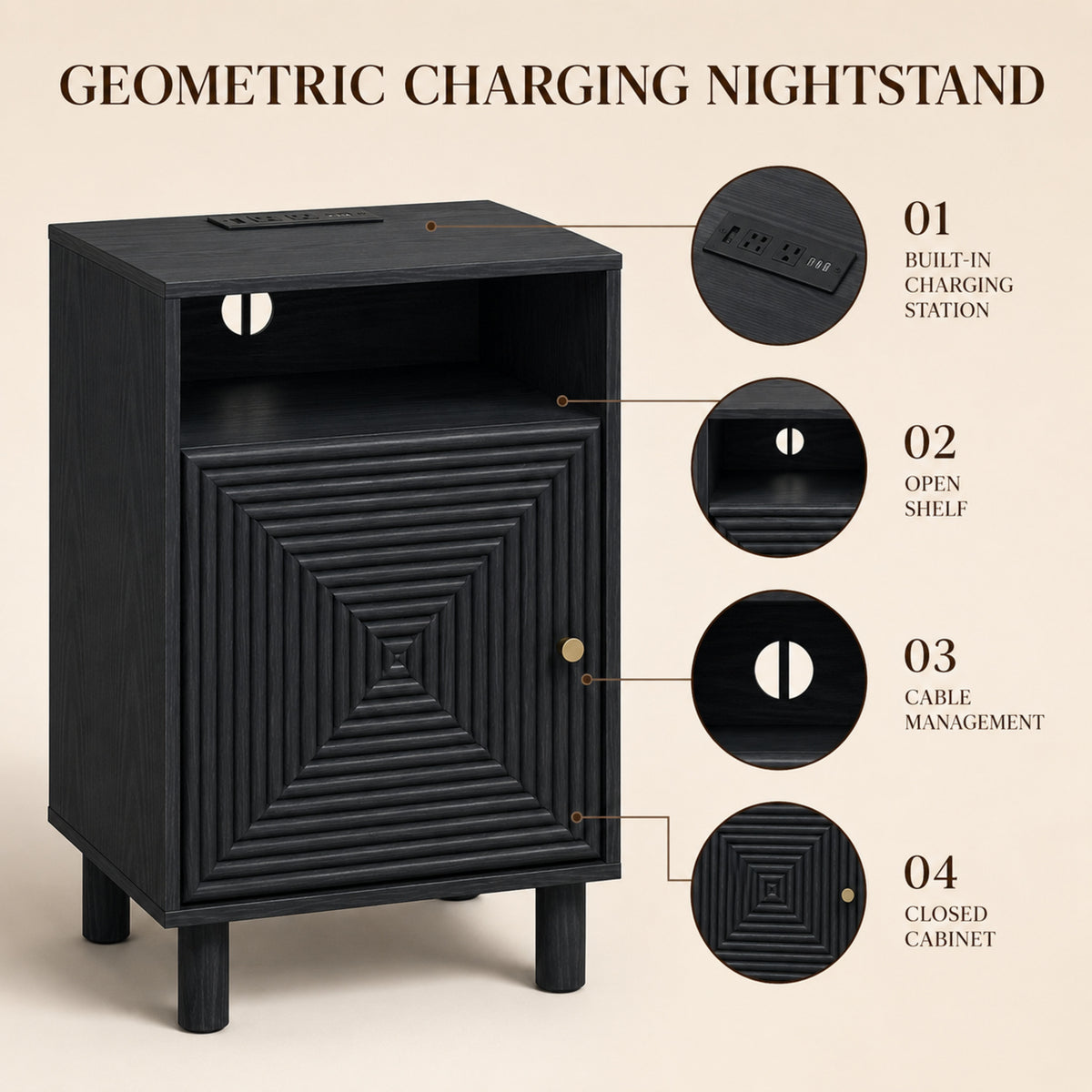 Black | EMOOTTOO 15.7" Nightstand with Charging Station & Storage - product view 8