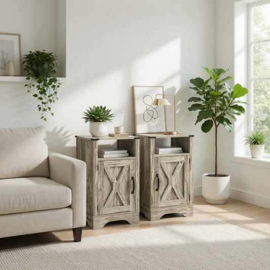 Emootto Set of 2, 16" Light Grey Farmhouse Nightstand w/ Charging Station & Storage - View 1